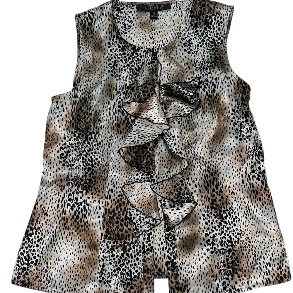 Kasper Black and White Ruffled Sleeveless Blouse